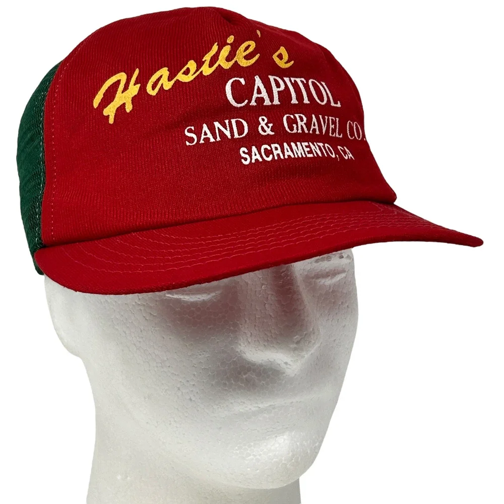 Vintage 80s Hasties Capitol Sand Gravel Trucker Hat Baseball Cap Sacramento Red